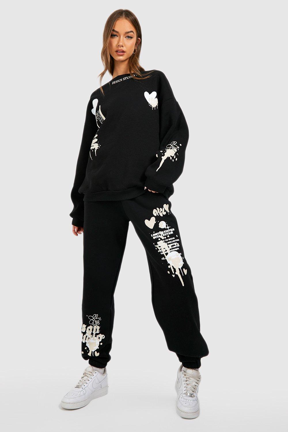 Womens Multi Graffiti Print Jumper Tracksuit - Black - Xl, Black