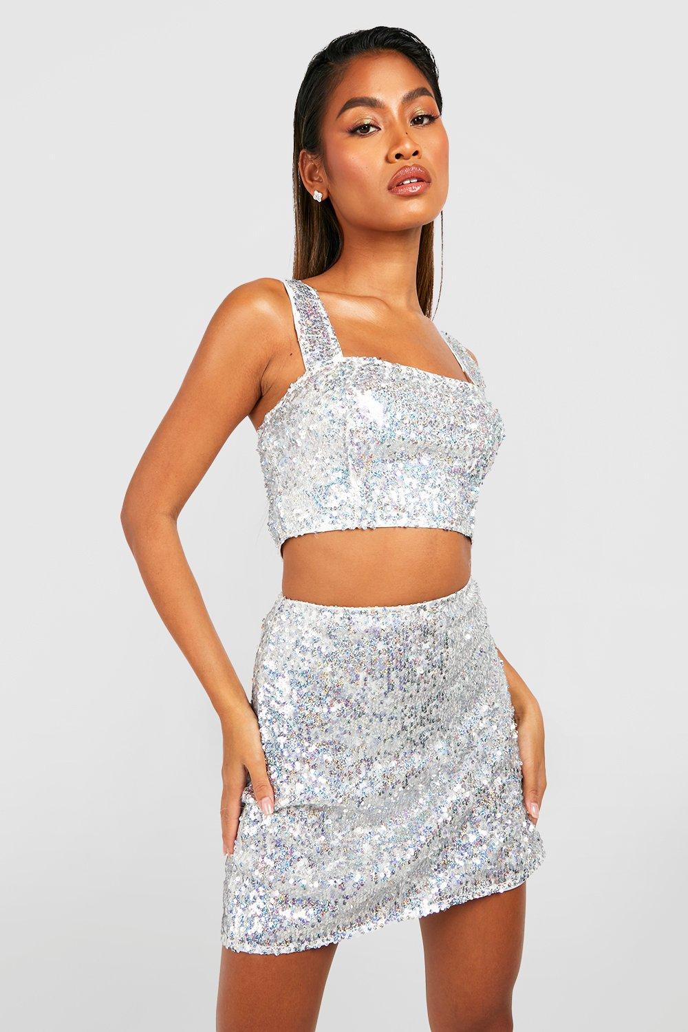 Boohoo Irriserend Glitter Mini Rokje Met Pailletten, Silver