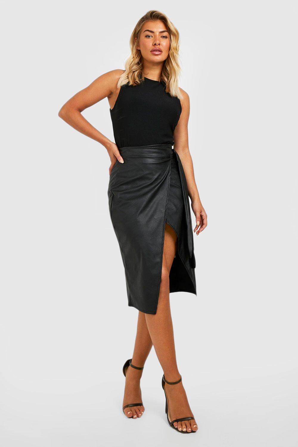 Boohoo Nepleren Midi Wikkel Rok Met Ceintuur, Black