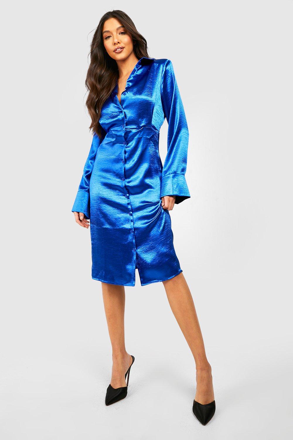 Womens Satin Wide Sleeve Midi Shirt Dress - Blue - 8, Blue