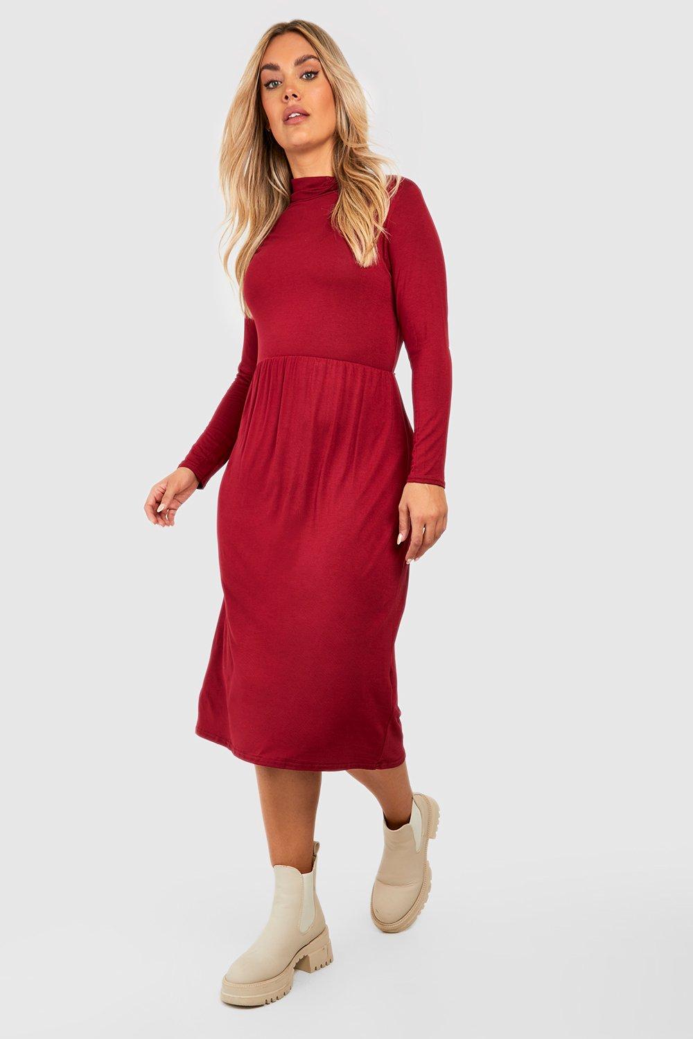 womens plus basic roll neck midi smock dress - red - 16, red