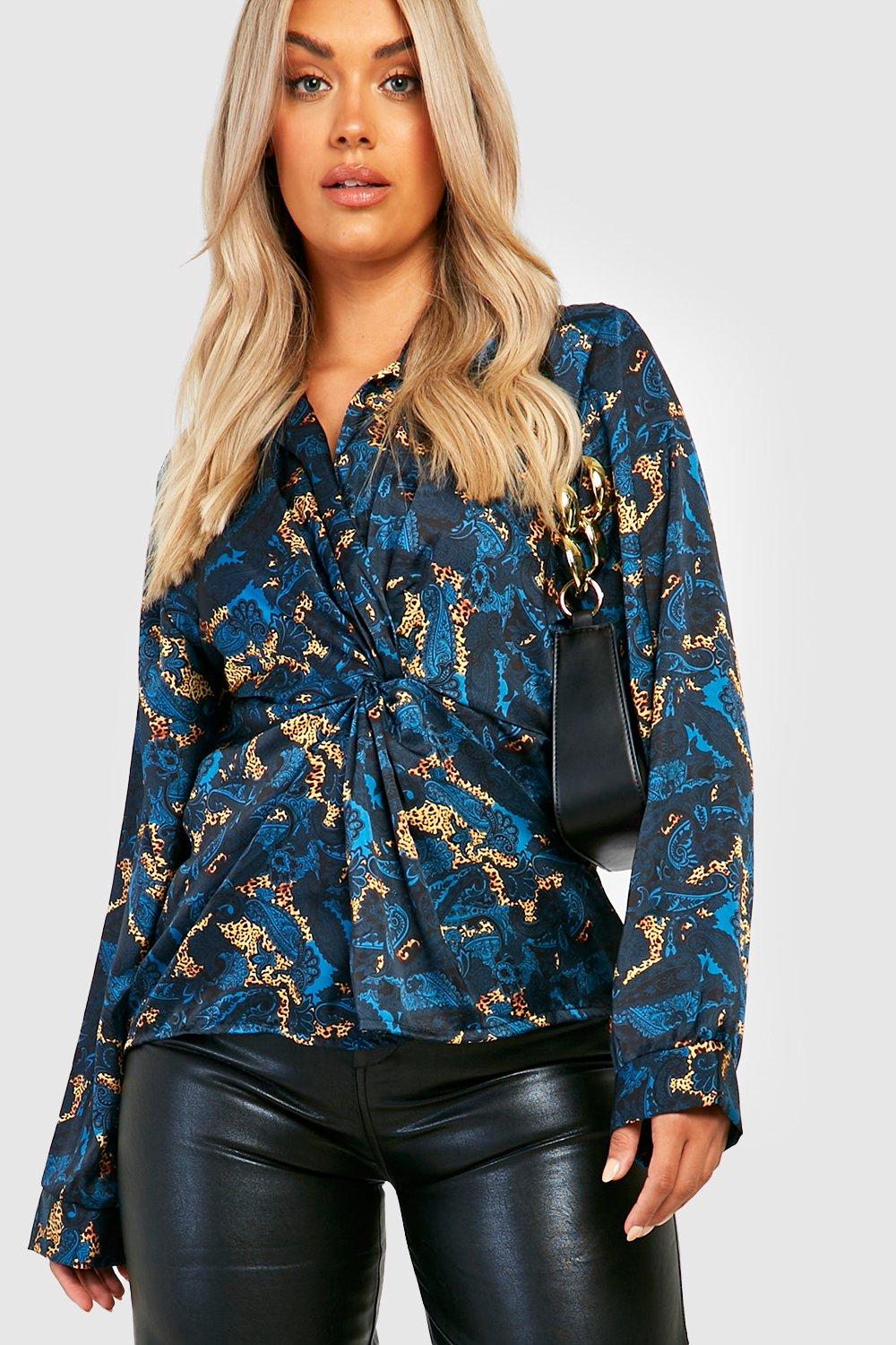 Image of Camicia Plus Size in raso leopardato in fantasia cachemire con dettagli attorcigliati, Azzurro