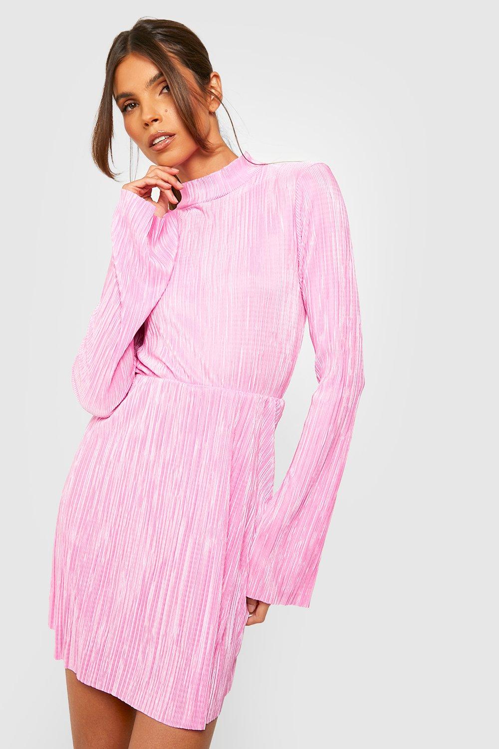 Boohoo Plisse Skater Jurk Met Wijde Mouwen En Hoge Hals, Rose