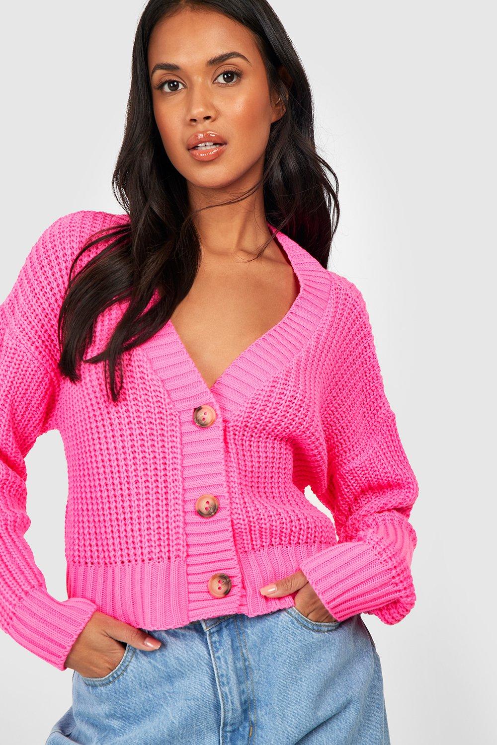 80s Sweatshirts, Sweaters, Vests | Women Womens Chunky Knit Cropped Cardigan - Pink - M $28.00 AT vintagedancer.com