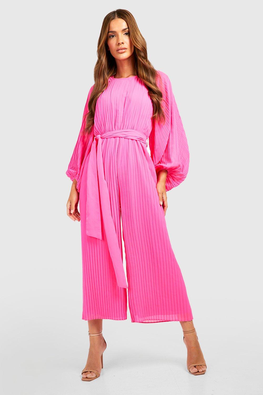 Image of Tuta intera a maniche lunghe con pantaloni culottes e pieghe, Pink