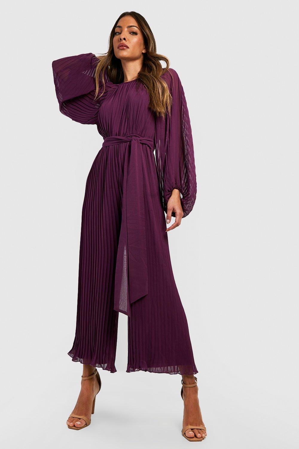 Image of Tuta intera a maniche lunghe con pantaloni culottes e pieghe, Purple