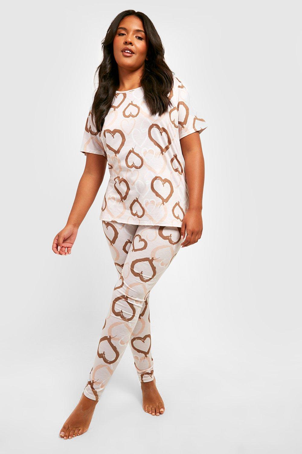 Womens Plus Tonal Heart Print Top & Leggings Pyjama Set - Beige - 18, Beige