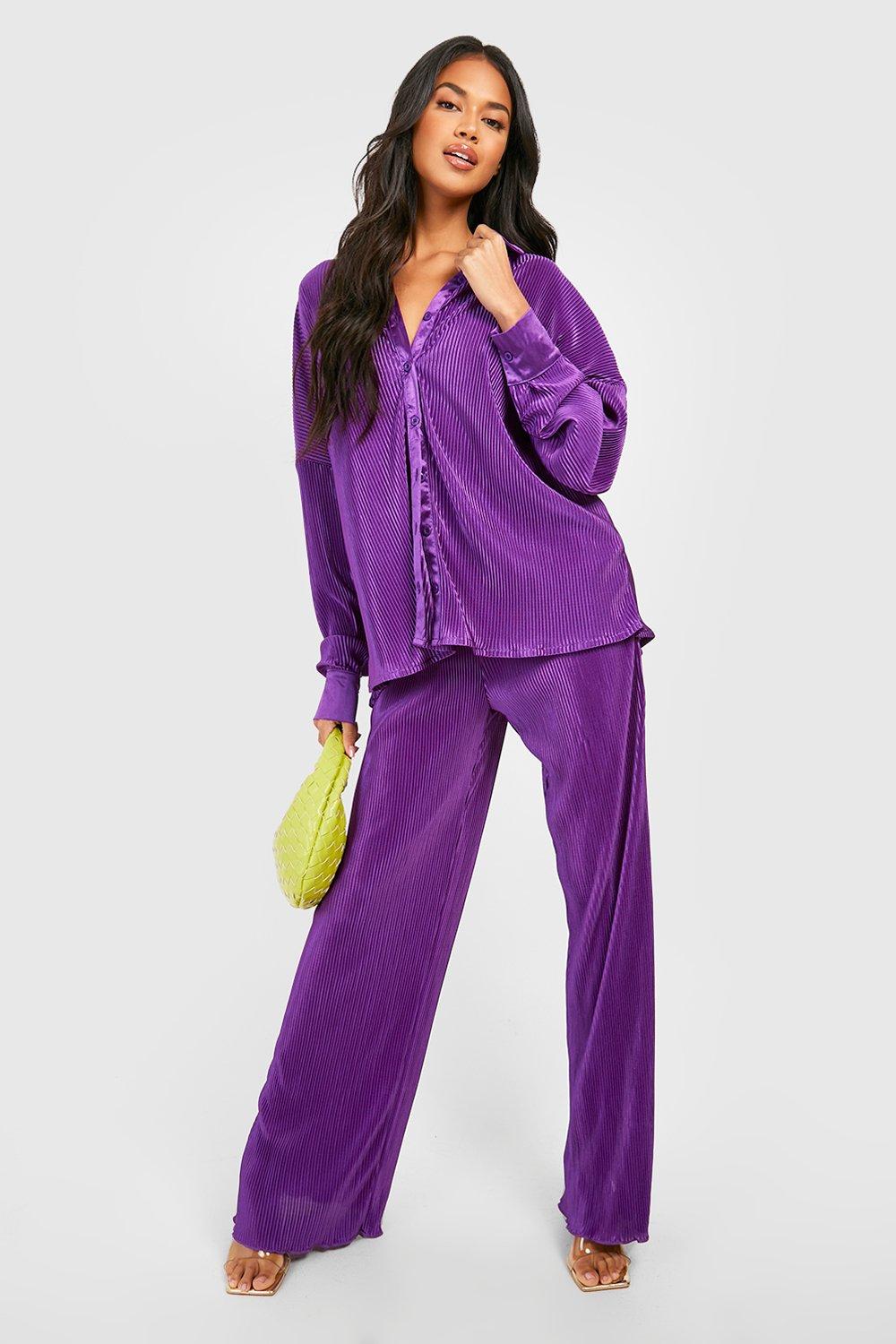 womens premium plisse flared hem trousers - purple - 8, purple