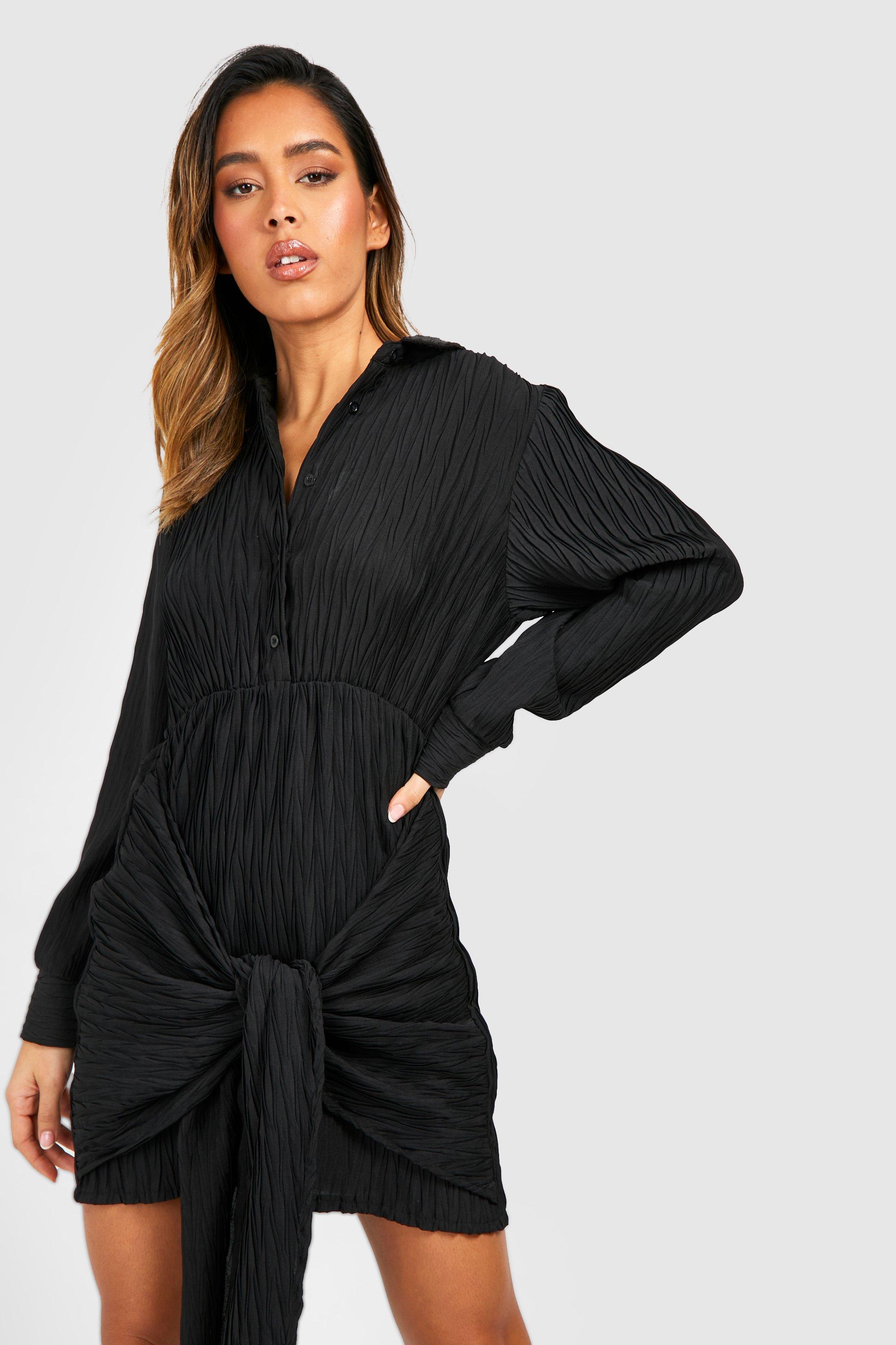 Boohoo Plisse Wikkel Blouse Jurk Met Textuur, Black
