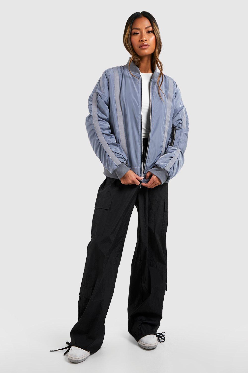 Womens Ruched Sleeve Oversized Bomber Jacket - Grey - 8, Grey