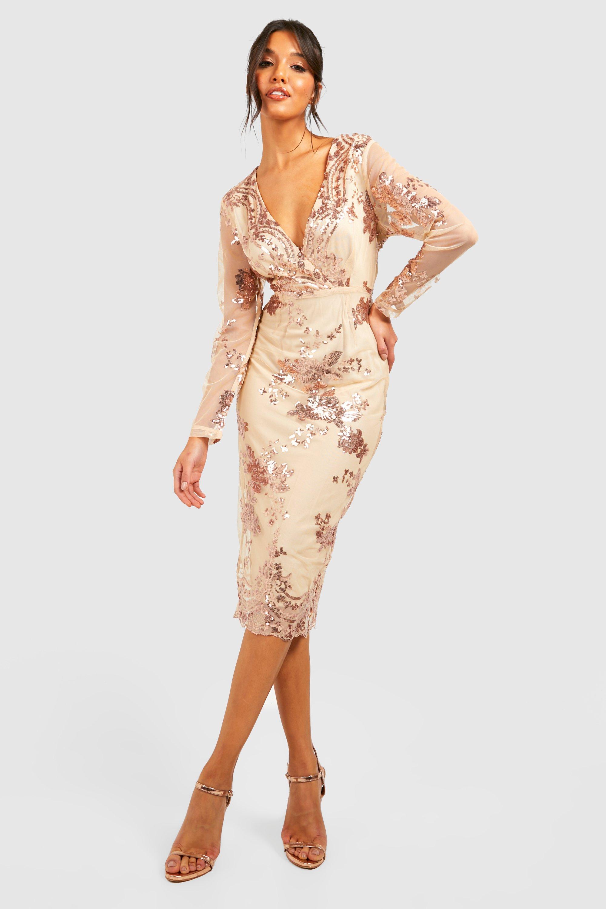 Boohoo Mesh Glitter Boutique Midi Jurk Met Pailletten En Print, Gold