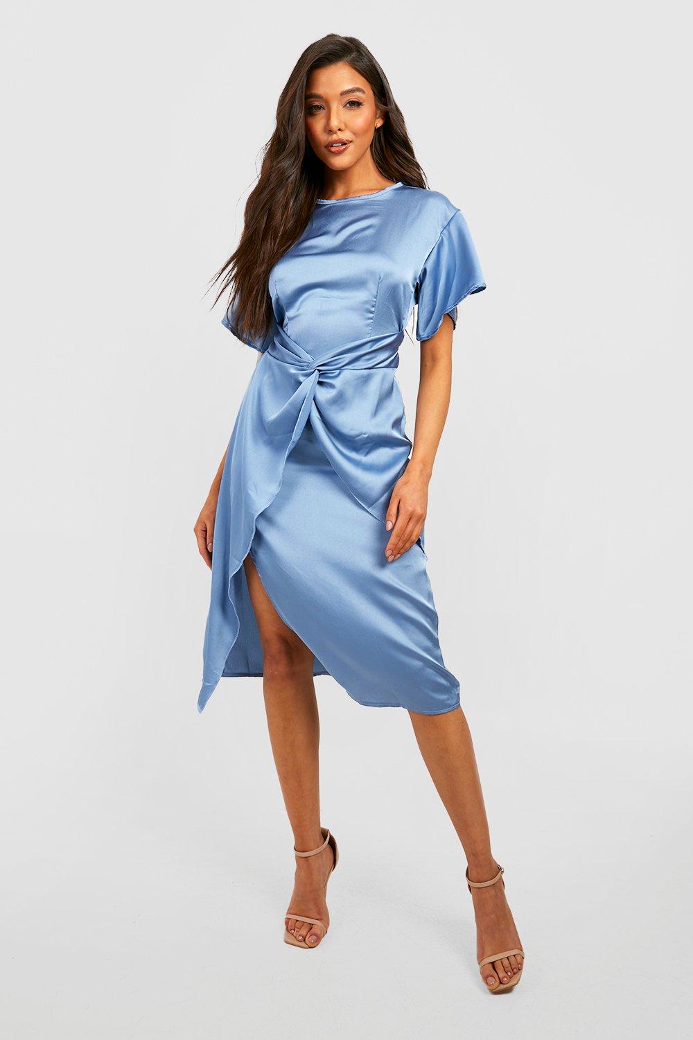 Boohoo Gedraaide Satijnen Midi Jurk, Dusty Blue