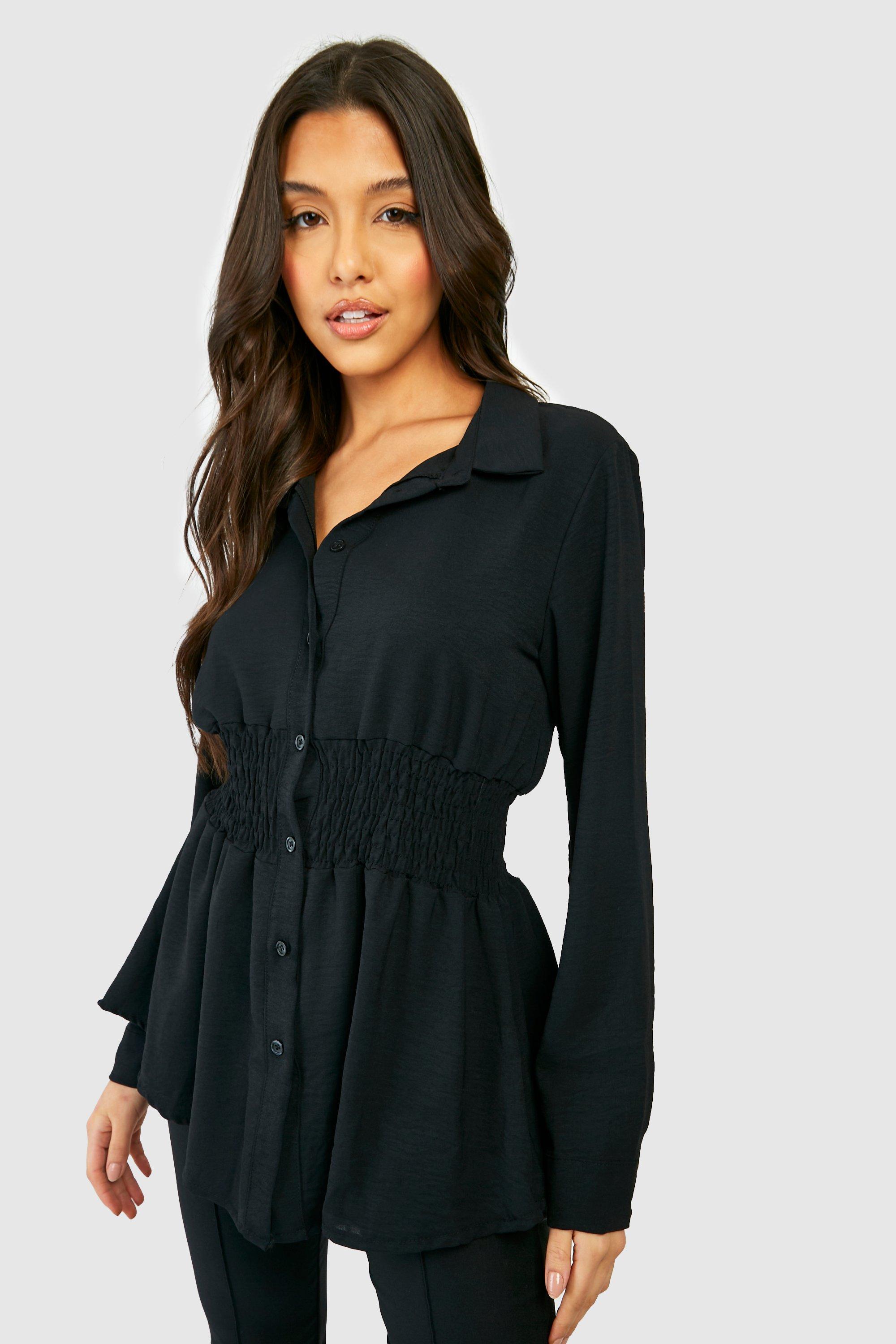 Womens Hammered Shirred Waist Shirt - Black - 16, Black