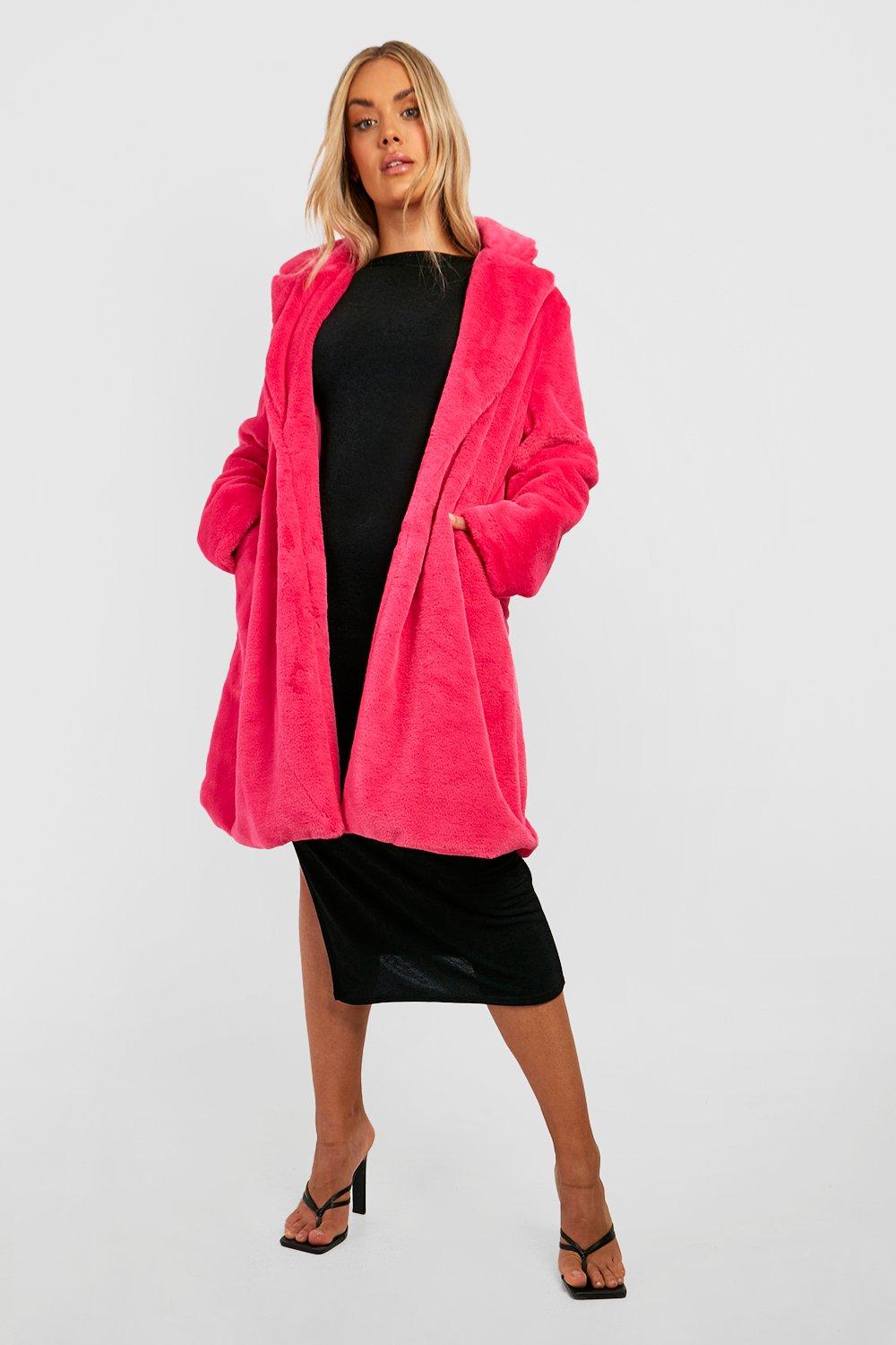 womens plus faux fur longline coat - pink - 18, pink