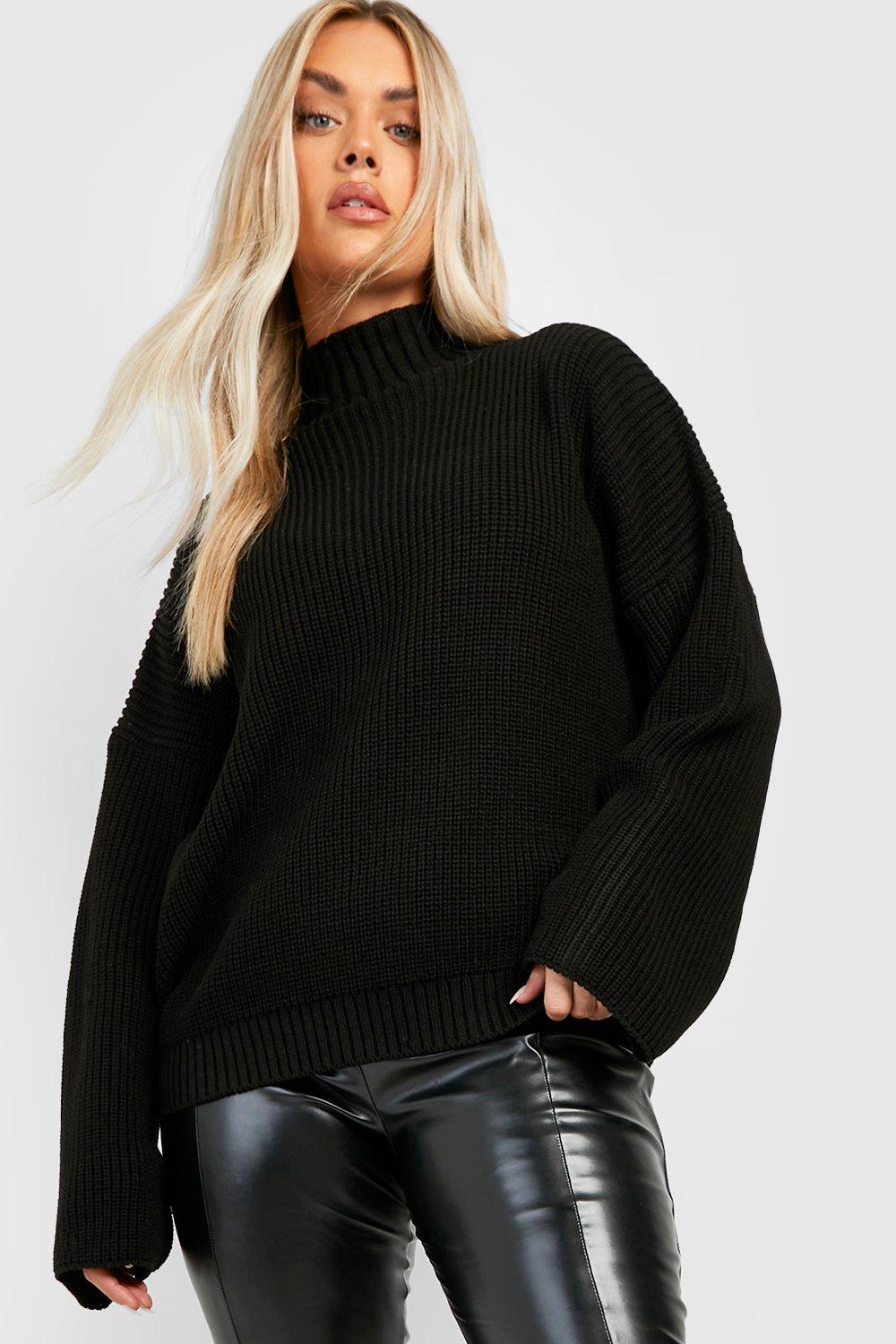 Image of Maglione Plus Size in maglia con collo a imbuto, Nero