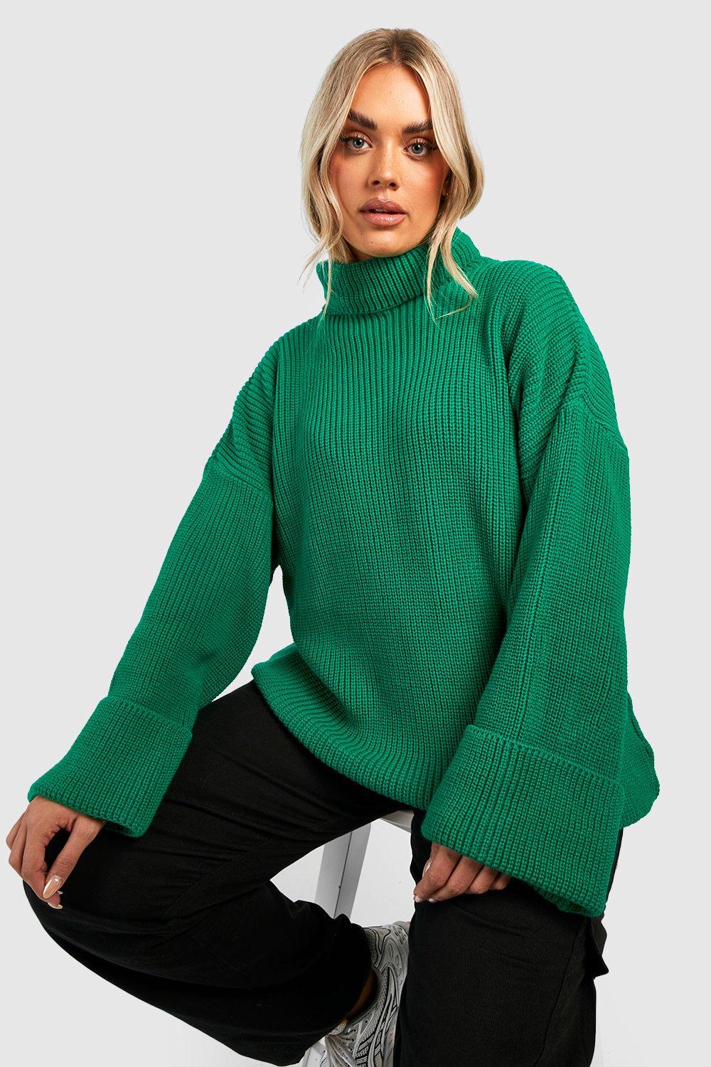 Image of Maglione Plus Size in maglia con collo alto e polsini ampi, Verde
