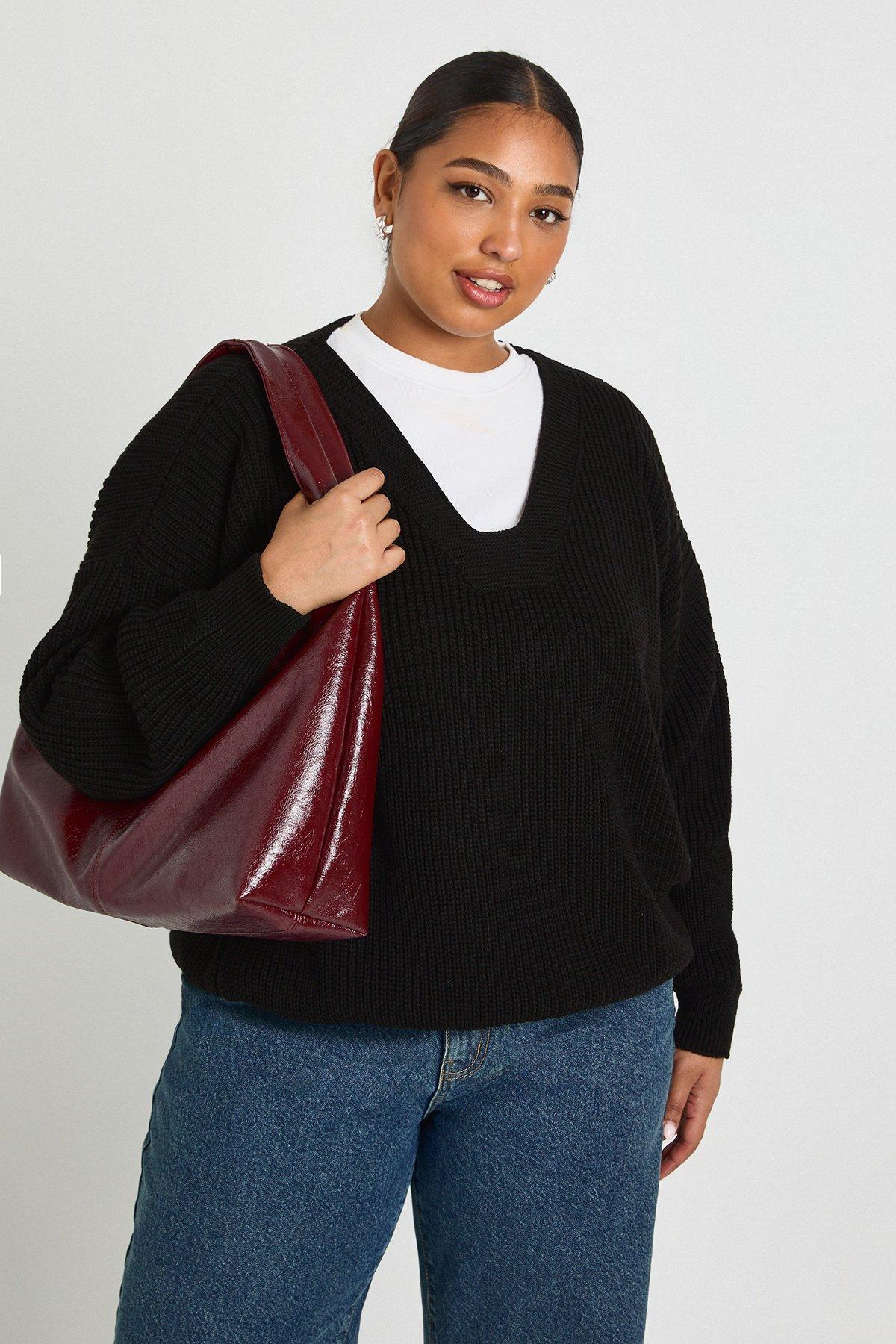 Image of Maglione Plus Size in maglia con scollo a V, Nero