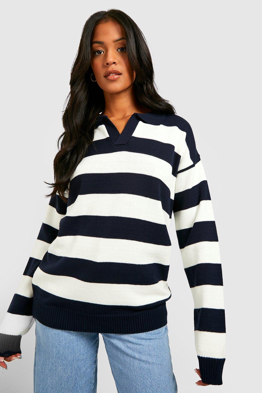 Image of Maglione Tall oversize in maglia a righe con colletto, Navy