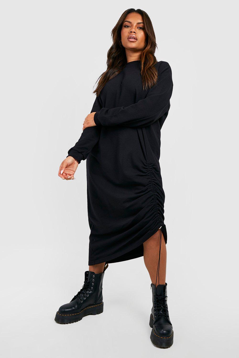 Boohoo Plus Oversized Geplooide Midi Trui Jurk, Black