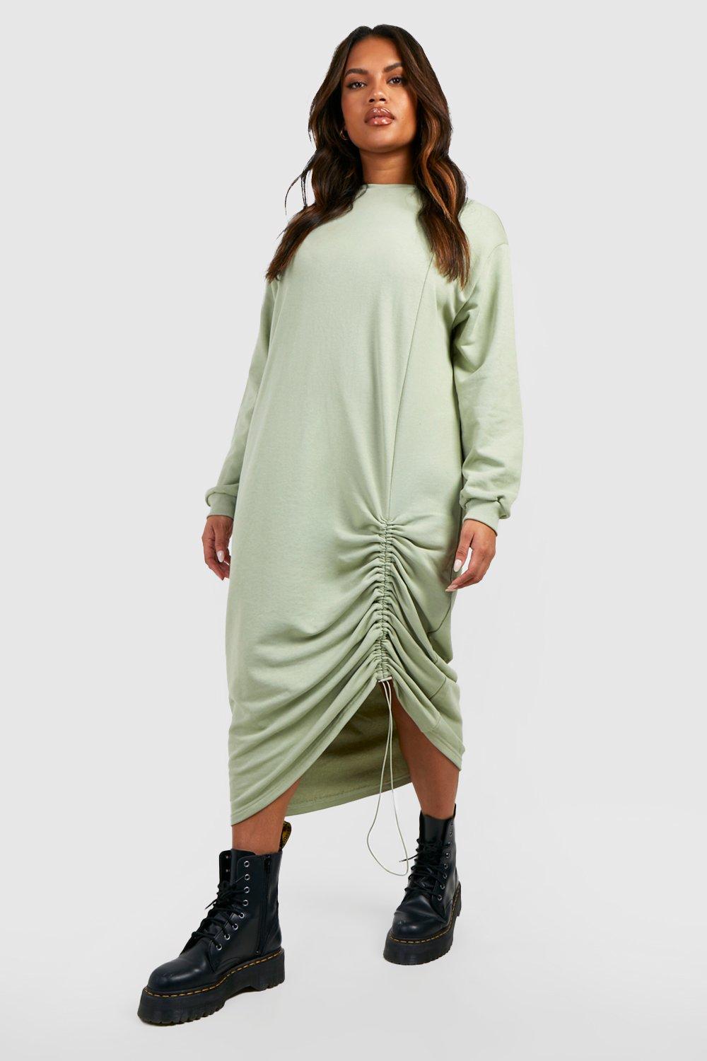 Vestito midi in maglia Plus Size oversize con ruches laterali, Verde
