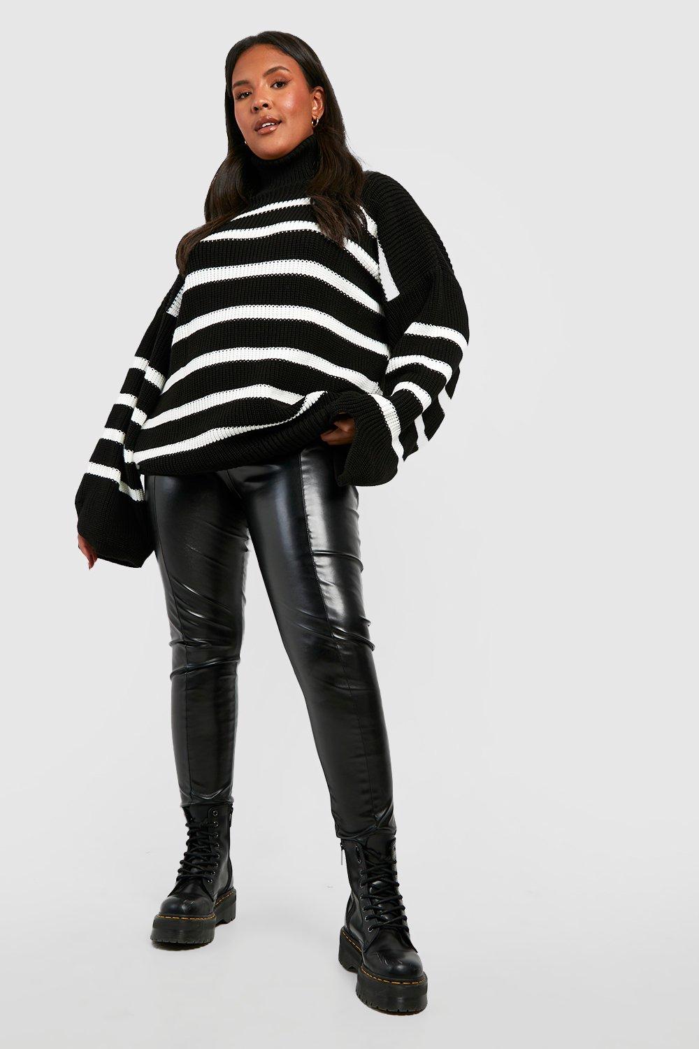 Image of Maglione Plus Size in maglia a righe con collo alto, Nero
