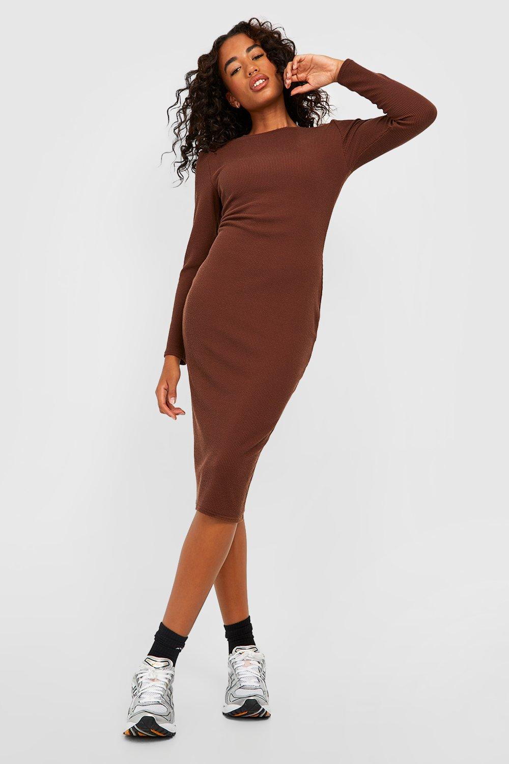 Boohoo Gekreukelde Geribbelde Bodycon Jurk Met Lange Mouwen, Chocolate