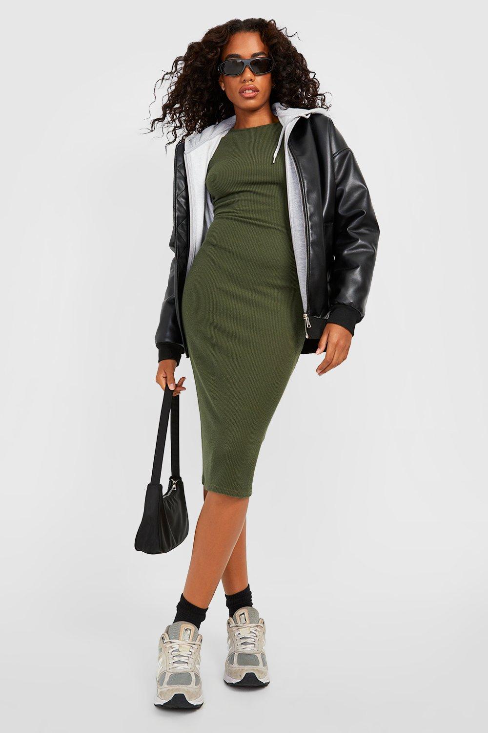 Boohoo Gekreukelde Geribbelde Bodycon Jurk Met Lange Mouwen, Khaki