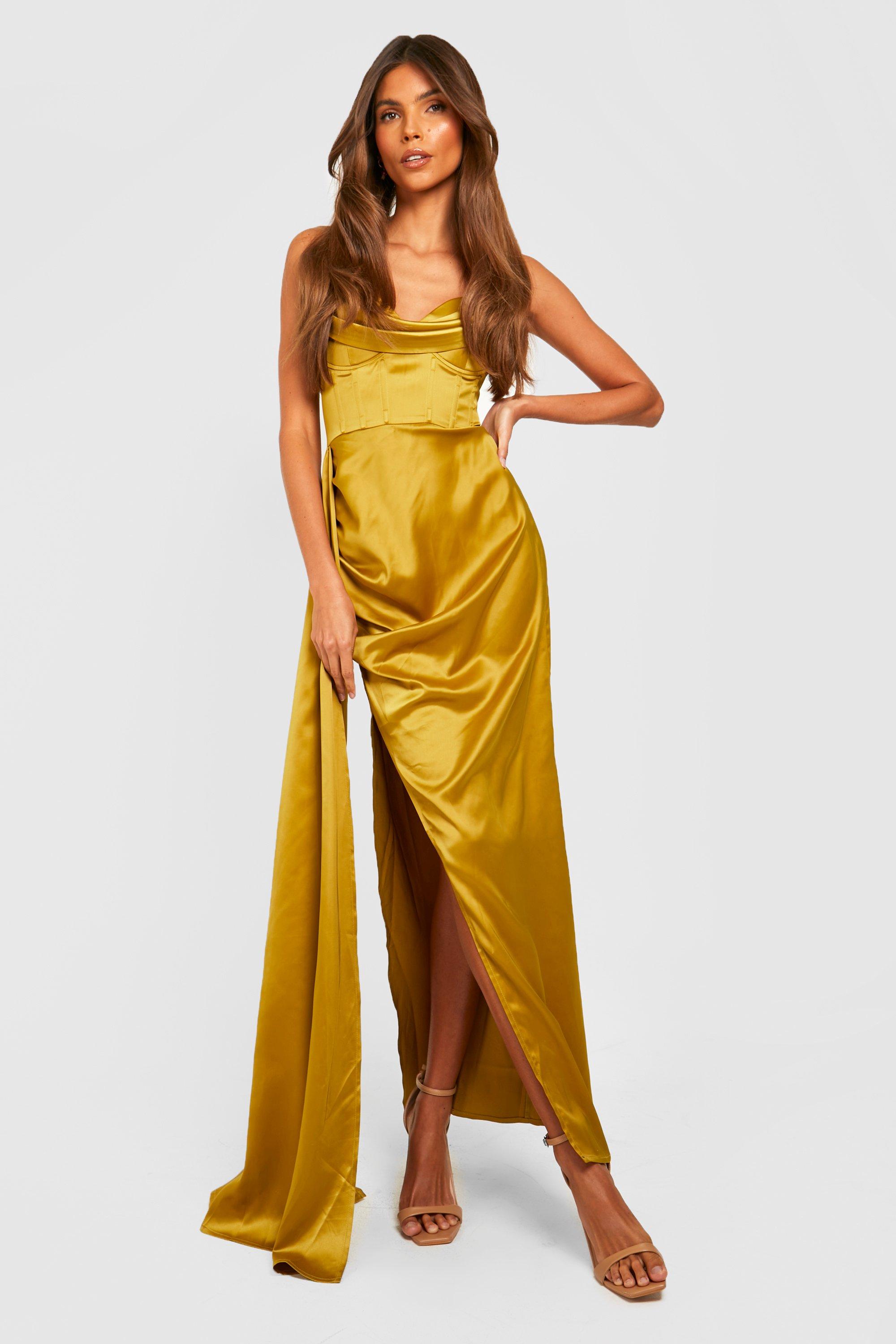 Boohoo Satijnen Off Shoulder Maxi Jurk Met Korset Detail, Chartreuse