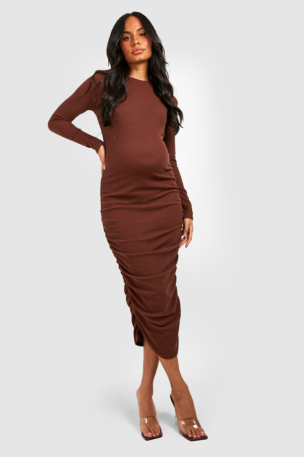 Shape Chocolate Brown Soft Rib Plunge Ruched Midaxi Dress