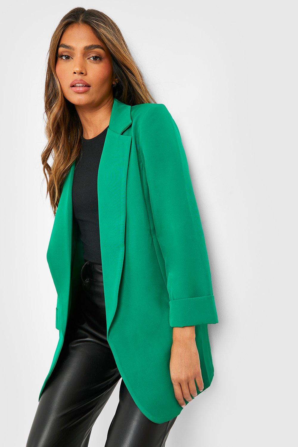 Womens Boohoo Basics Woven Turn Cuff Relaxed Fit Blazer - Green - 16, Green