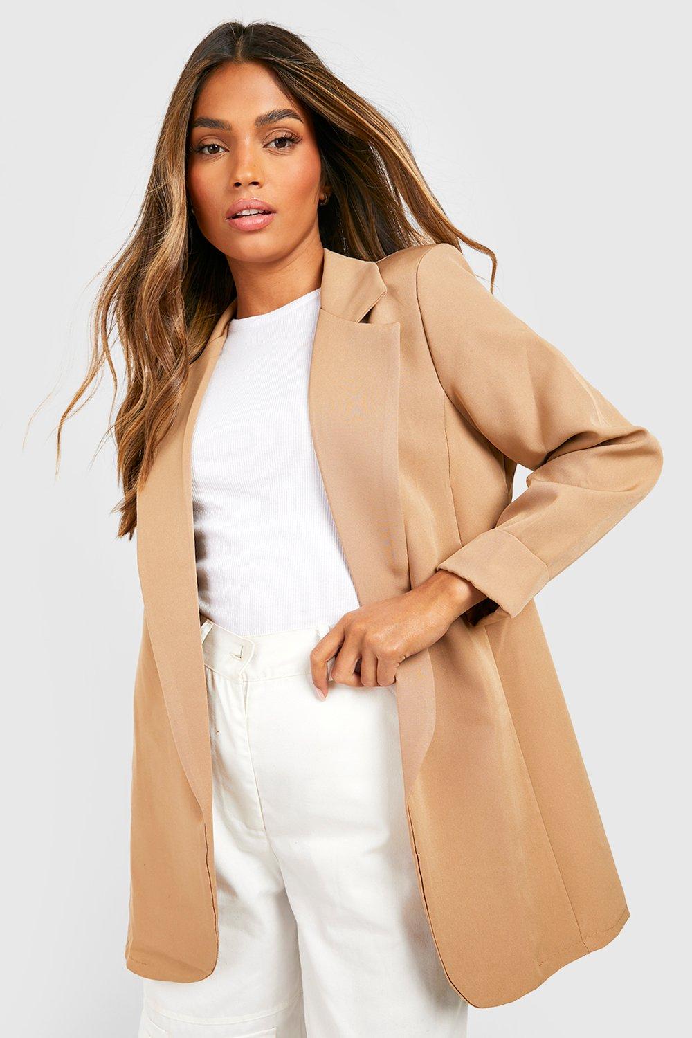 Womens Boohoo Basics Woven Turn Cuff Relaxed Fit Blazer - Beige - 16, Beige