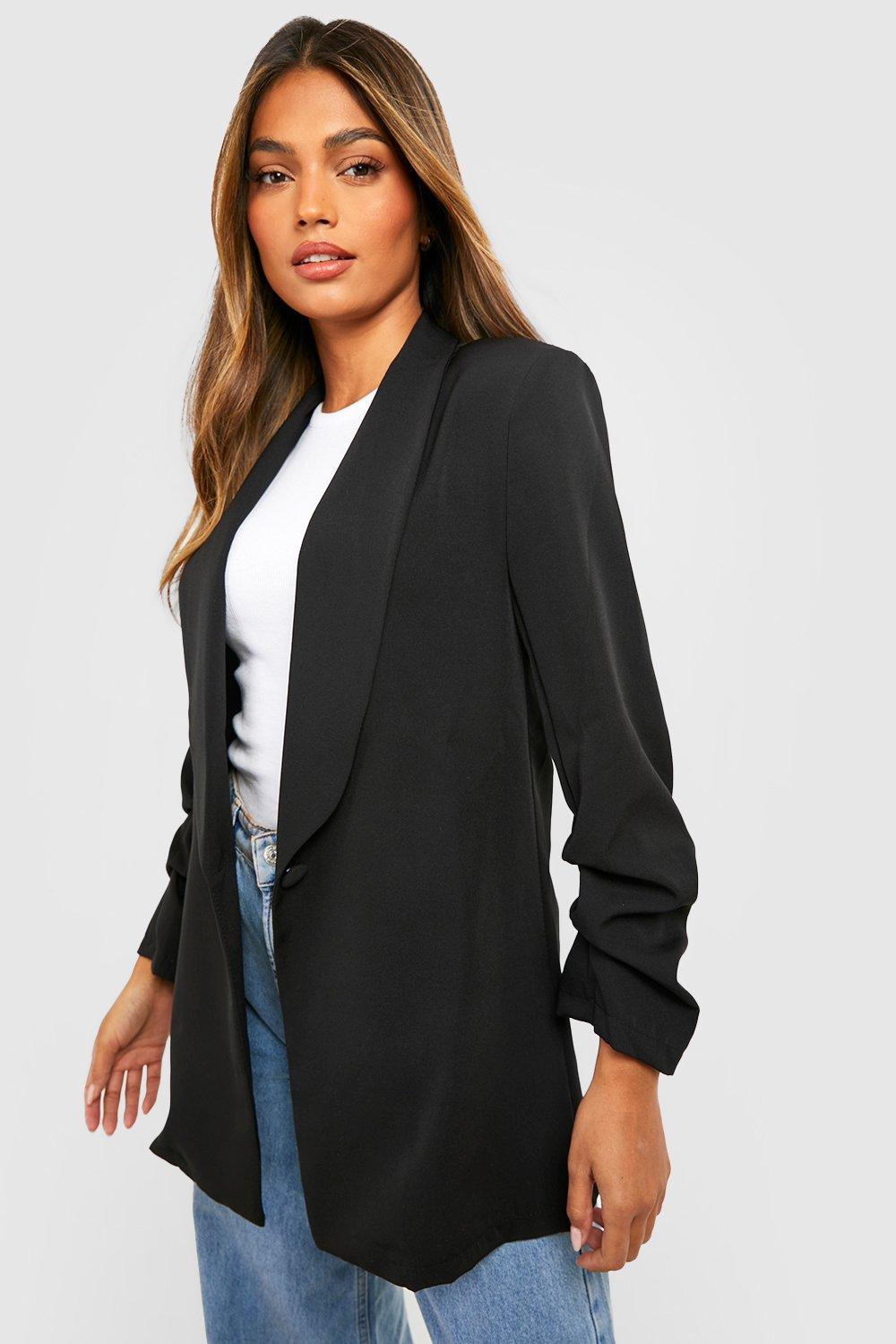 Womens Basic Woven Ruched Sleeve Plunge Lapel Blazer - Black - 8, Black