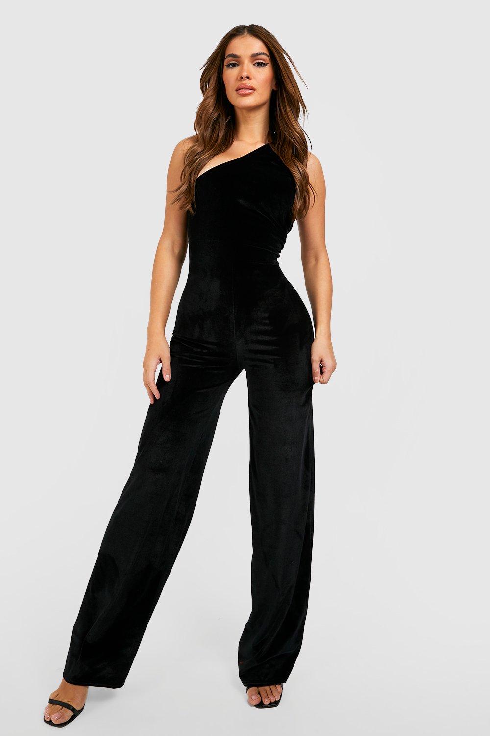 womens velvet one shoulder wide leg jumpsuit - black - 12, black