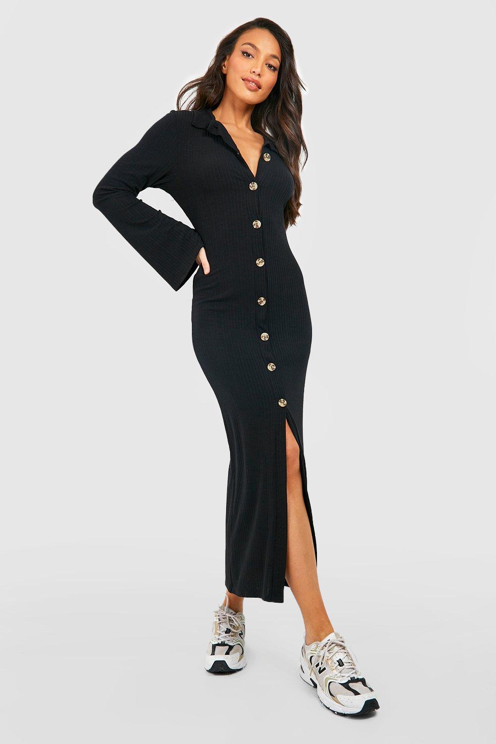 Womens Tall Knitted Rib Flare Sleeve Button Down Midaxi Dress - Black - 16, Black