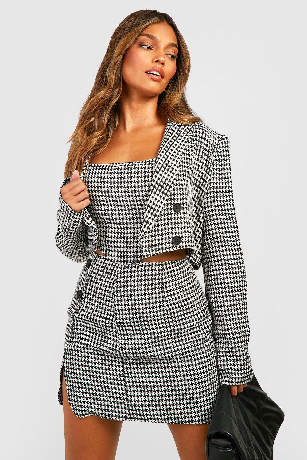 Boohoo Getailleerde Dogtooth Rok, Black