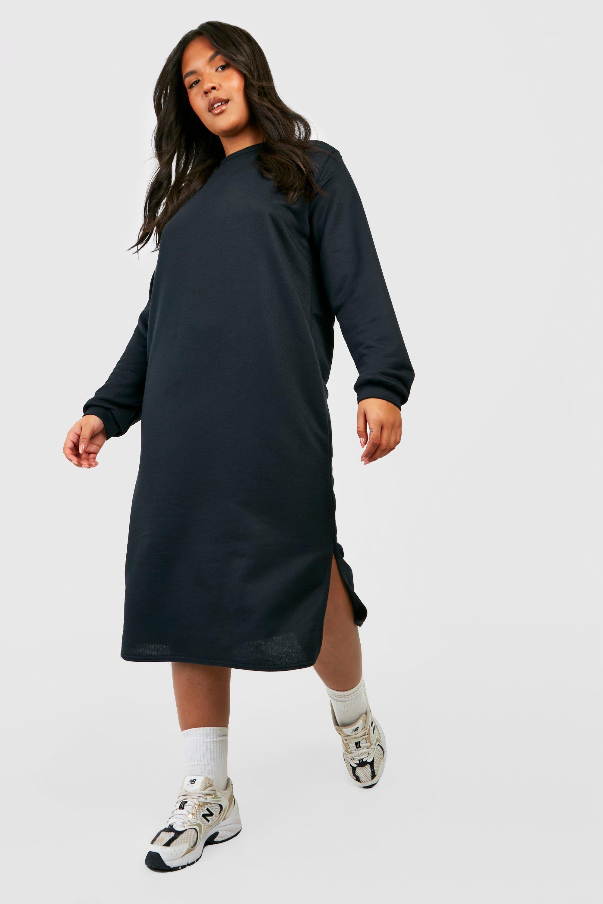 Boohoo Plus Oversized Long Line Trui Jurk Met Split, Black