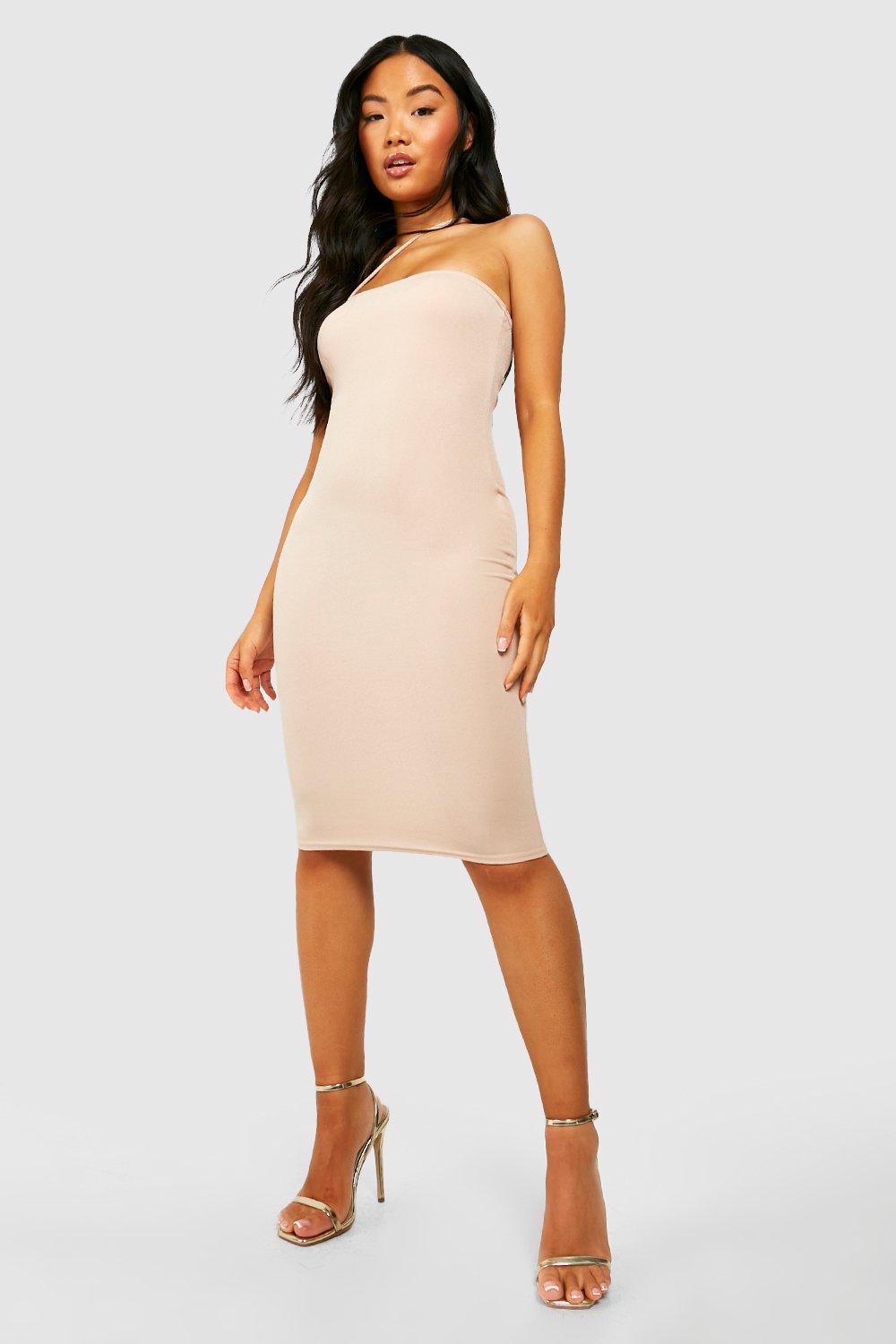 Boohoo Petite Strapless Midi Jurk Met Asymmetrische Bandjes, Stone