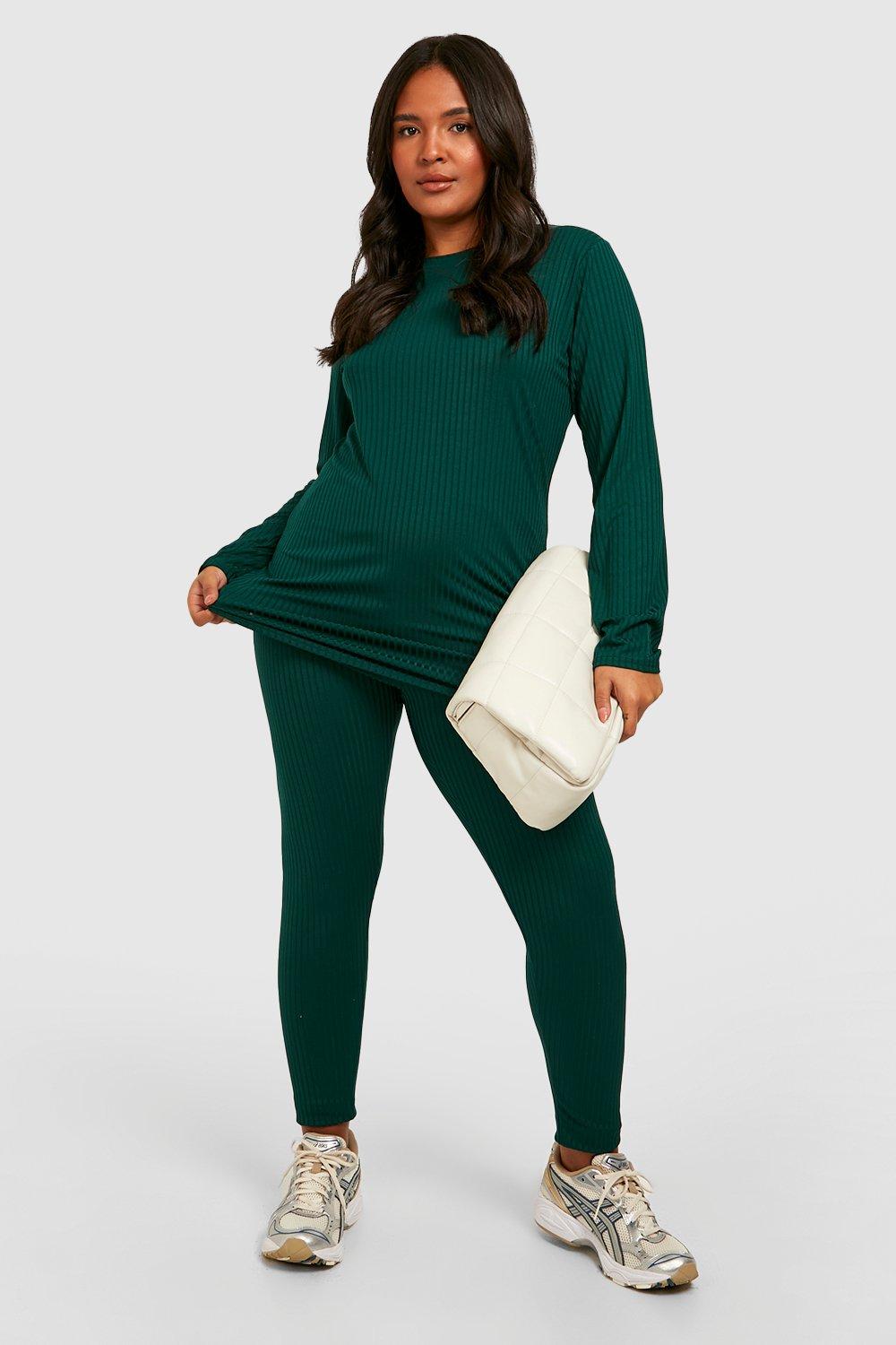 womens plus oversized rib top and legging loungewear co-ord - green - 20, green