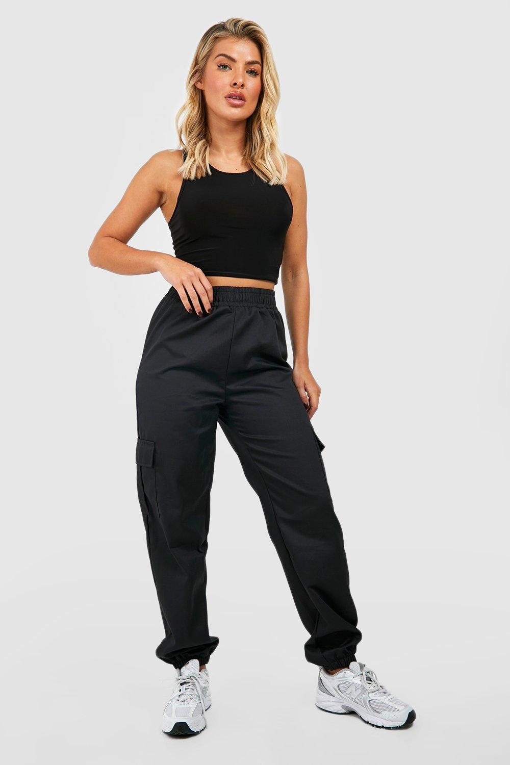 Womens High Waisted Cargo Pocket Joggers - Black - 16, Black
