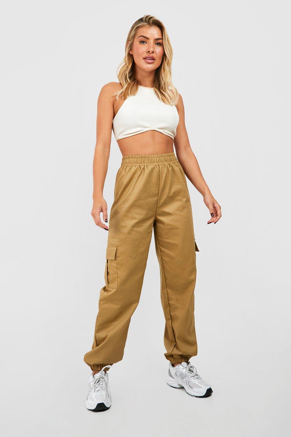 Boohoo High Waist Joggingbroek Met Cargo Zakken, Stone