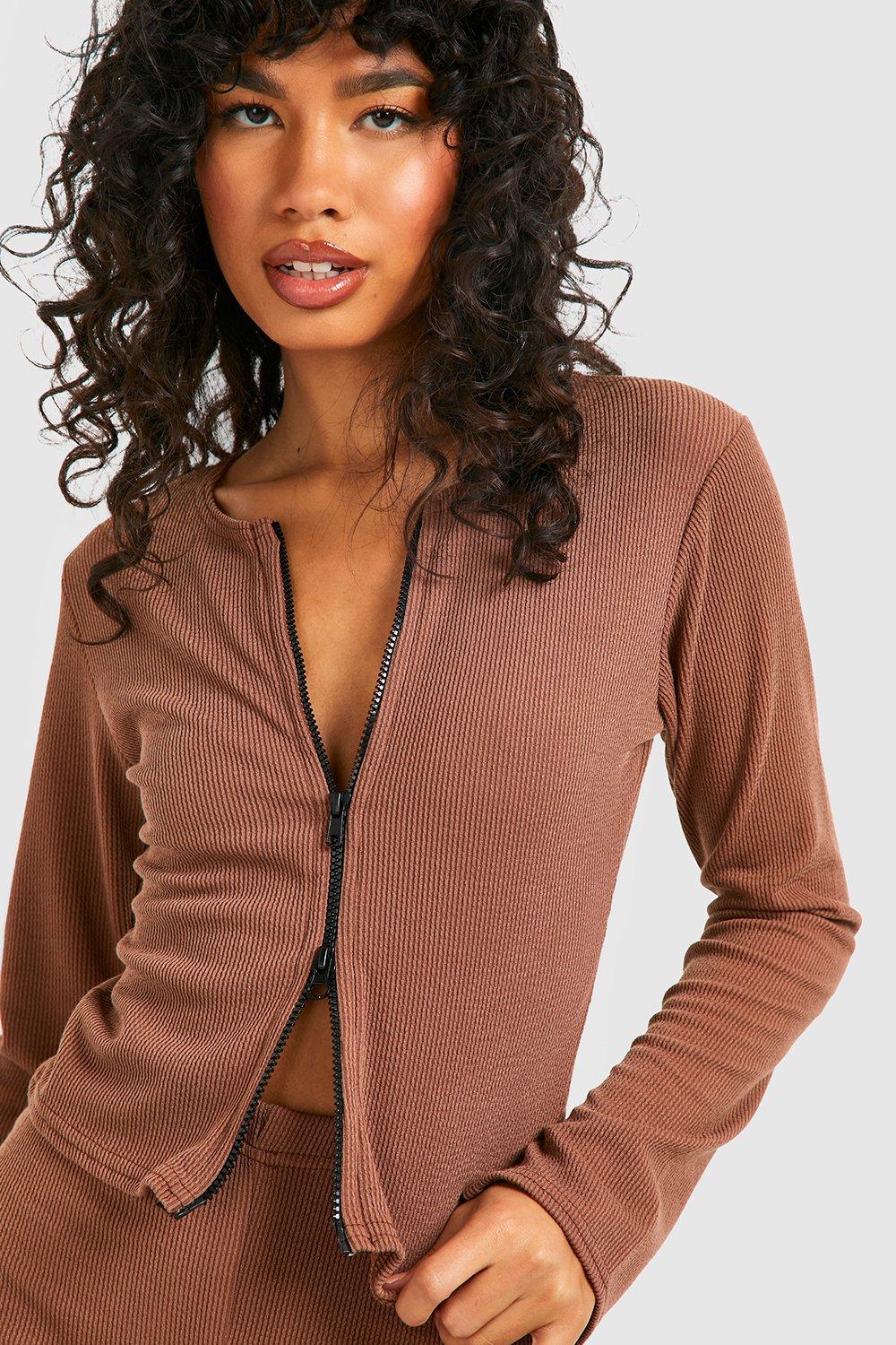 Image of Top a coste con zip frontale, Brown
