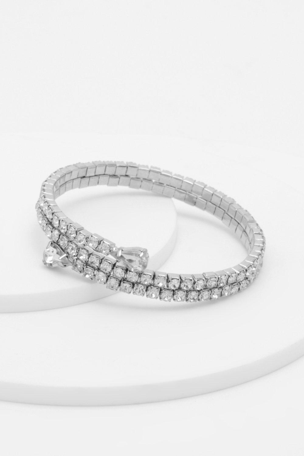 Womens Pear Drop End Crystal Multirow Bangle Bracelet - Grey - One Size, Grey