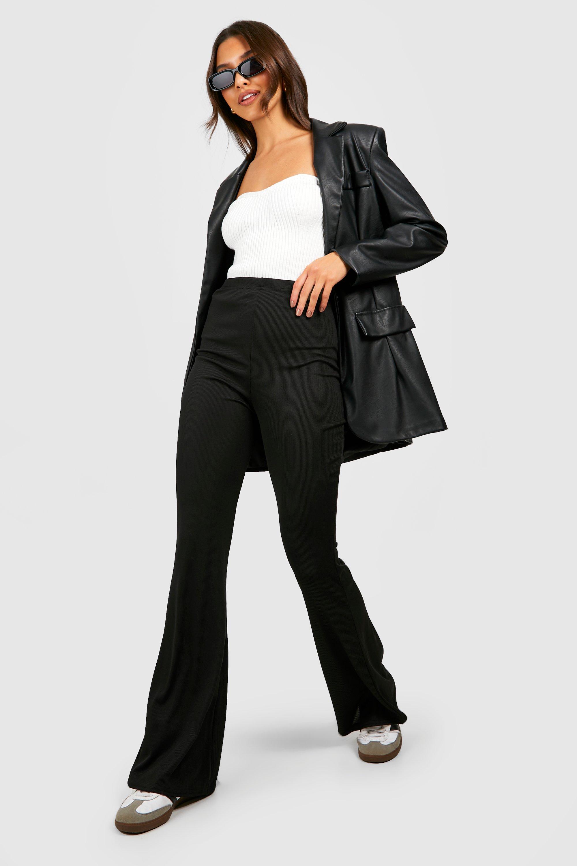 Womens Basic Ribbed High Waisted Flare Trousers - Black - 14, Black