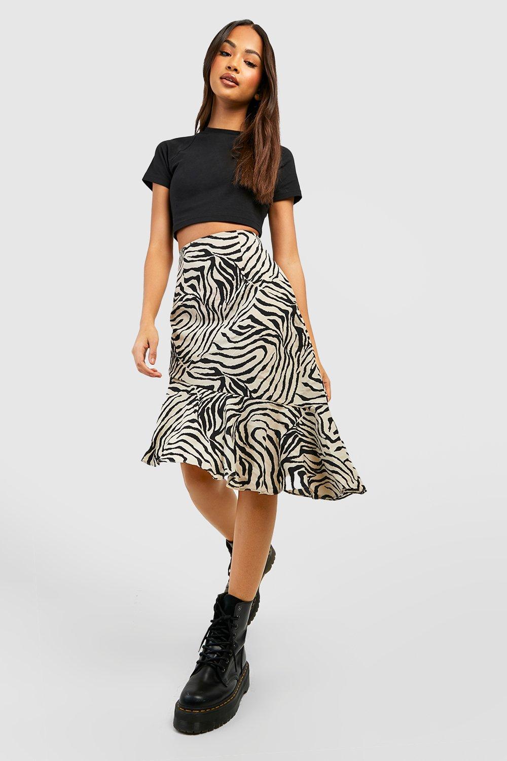 Boohoo Dierenprint Midi Rok Met Geplooide Zoom, Zebra