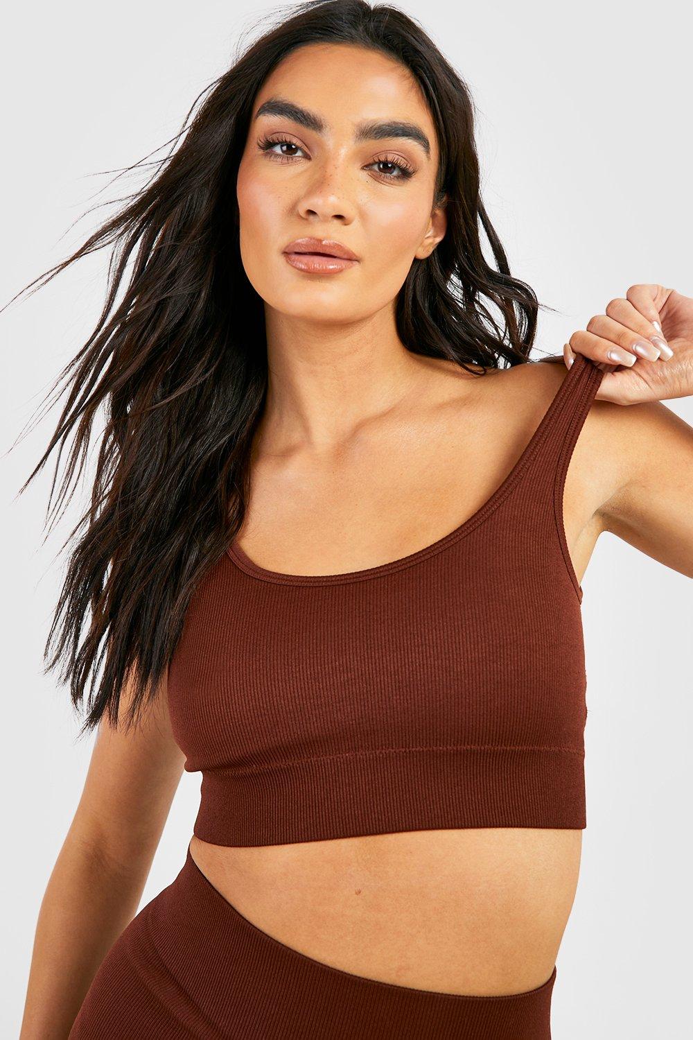Boohoo Naadloze Geribbelde Crop Top Met Lage Ronde Hals, Chocolate