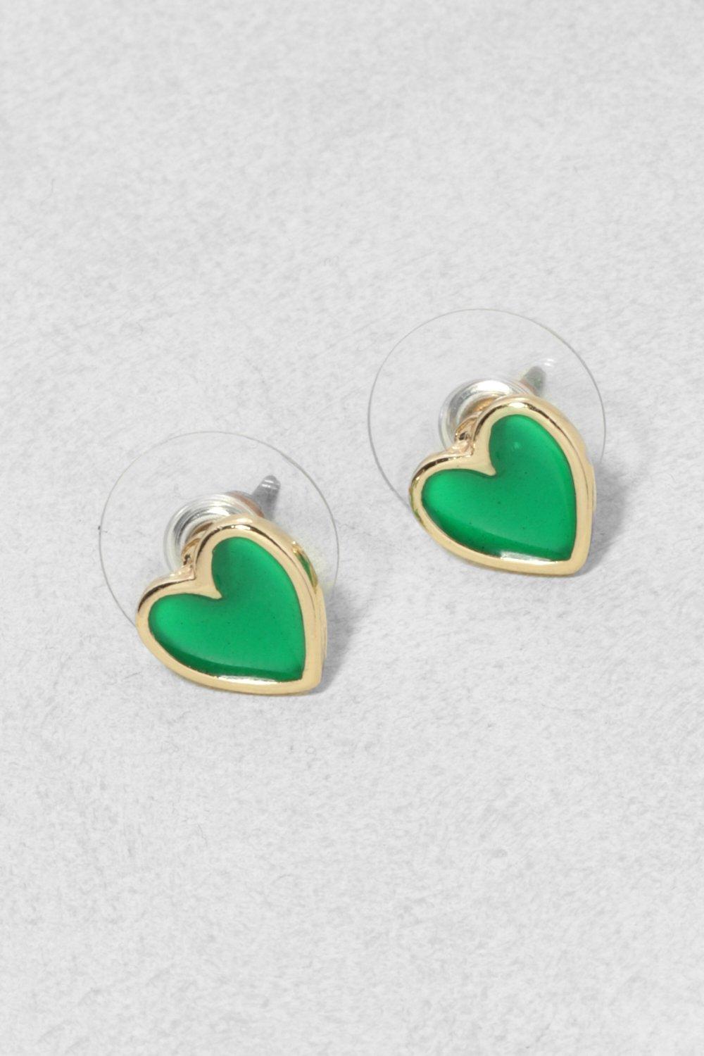 Womens Enamel Heart Stud Earring - Green - One Size, Green