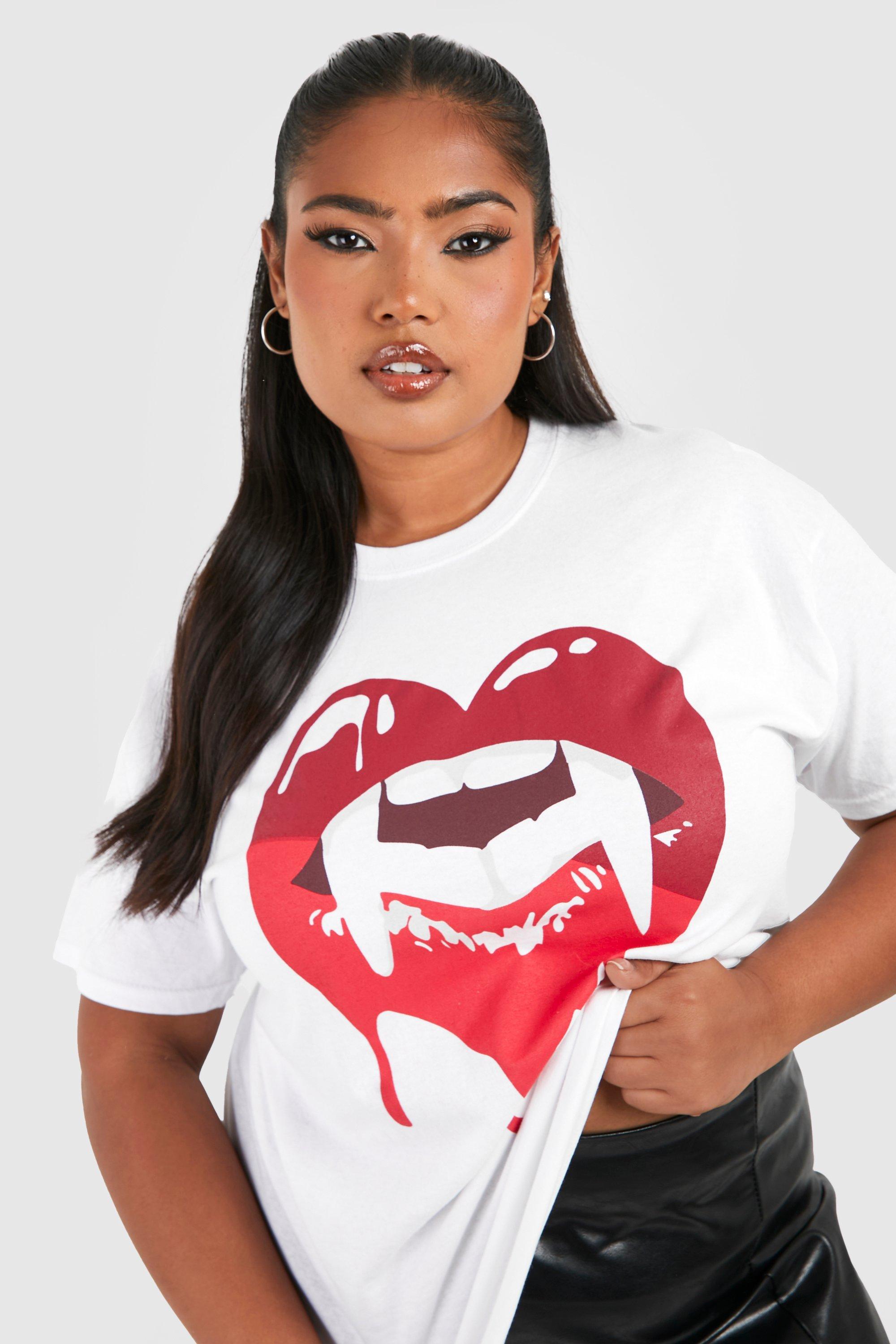 Image of T-shirt Plus Size oversize di Halloween con stampa Vampire Lips, Bianco