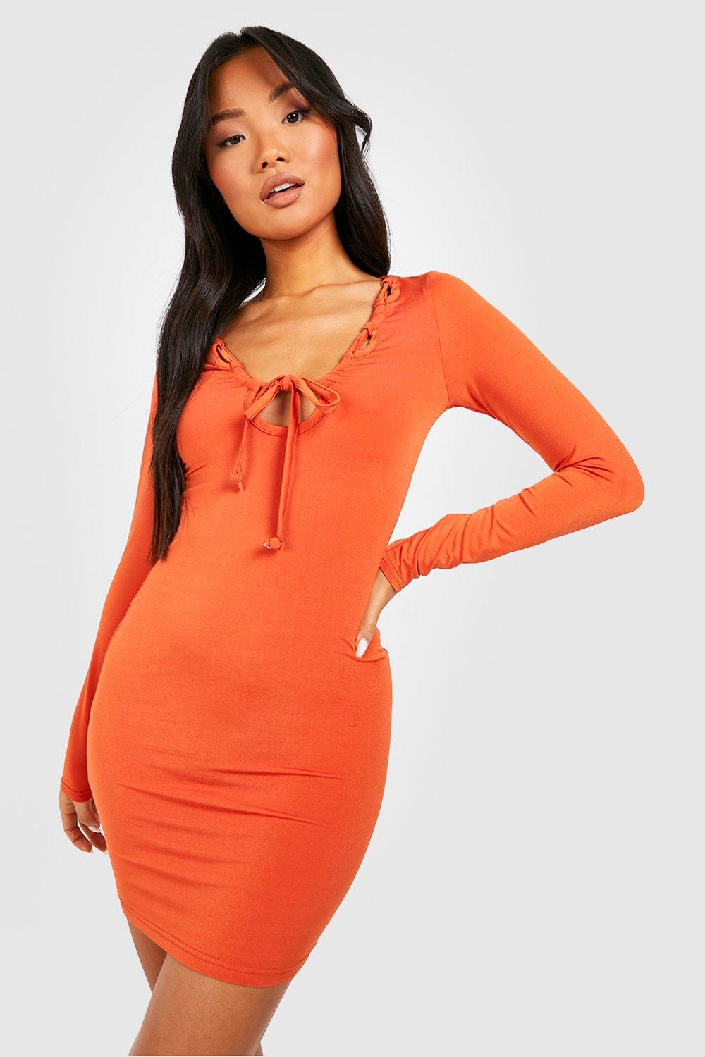 Boohoo Petite Bodycon Mini Jurk Met Loop Detail, Orange