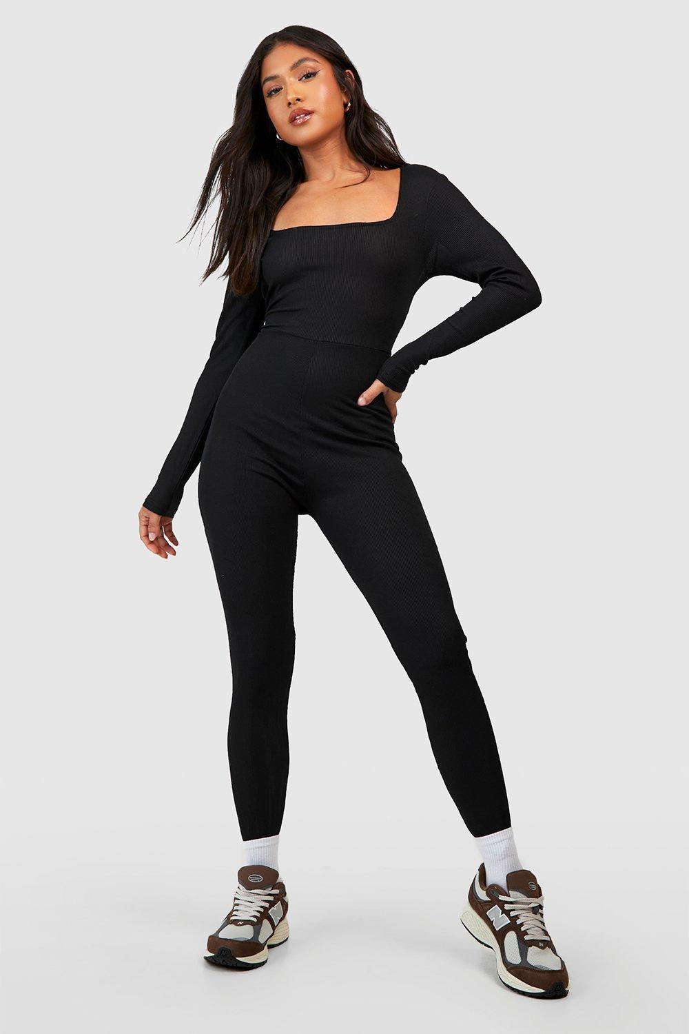 Womens Petite Basic Square Neck Jersey Unitard Jumpsuit - Black - 8, Black