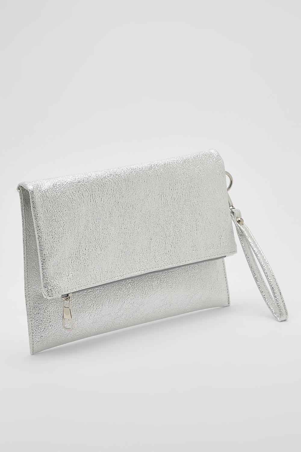 Womens Metallic Folded Basic Clutch Bag - Grey - One Size, Grey